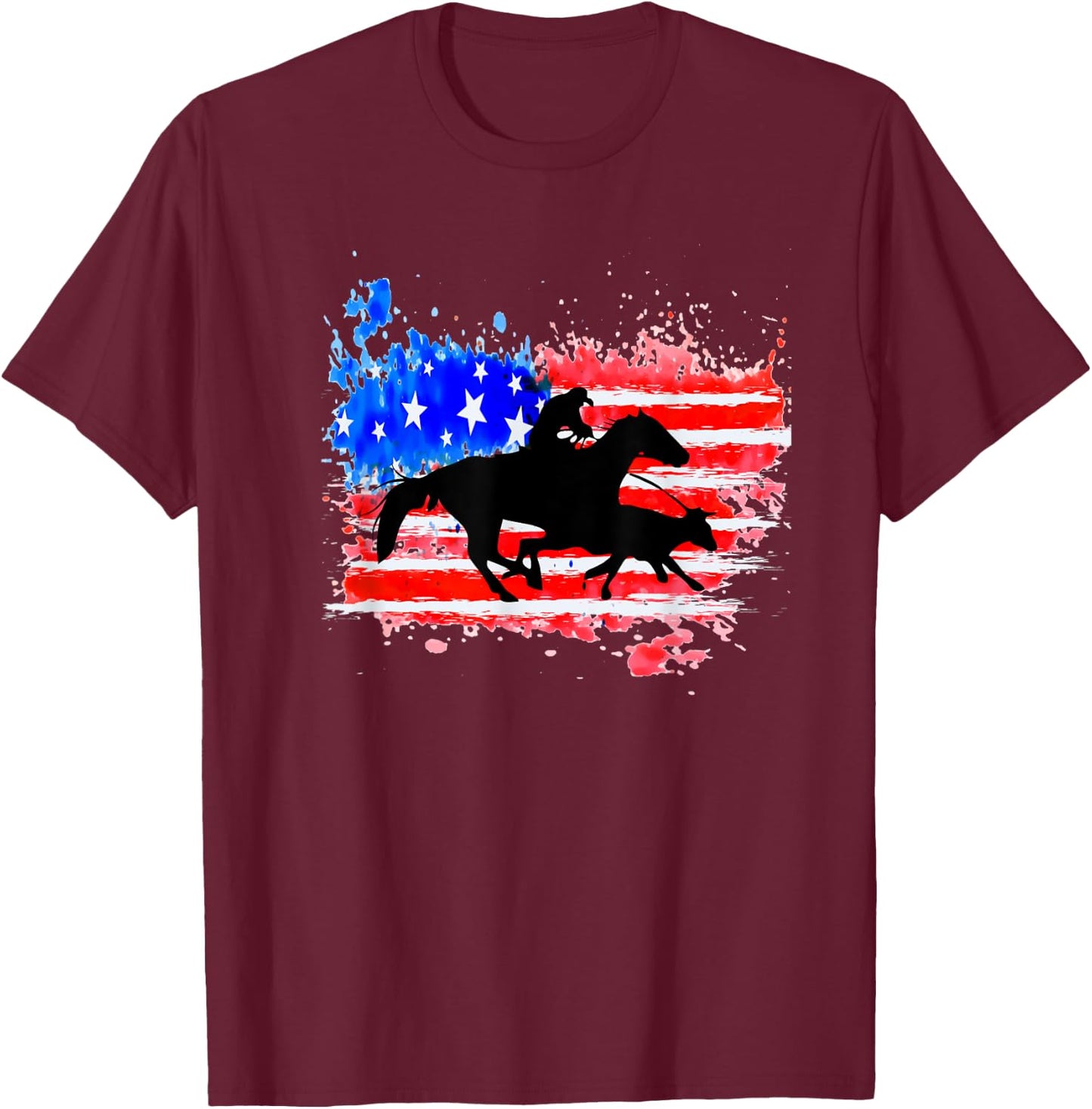 American Flag Cowhorse Horse Calf Roping T-Shirt - T-Shirt | Maroon