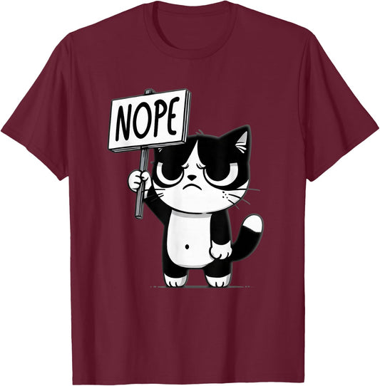 Funny Cat Nope, Grumpy Face Cat, Sarcastic Kids Mom Dad T-Shirt - T-Shirt | Maroon