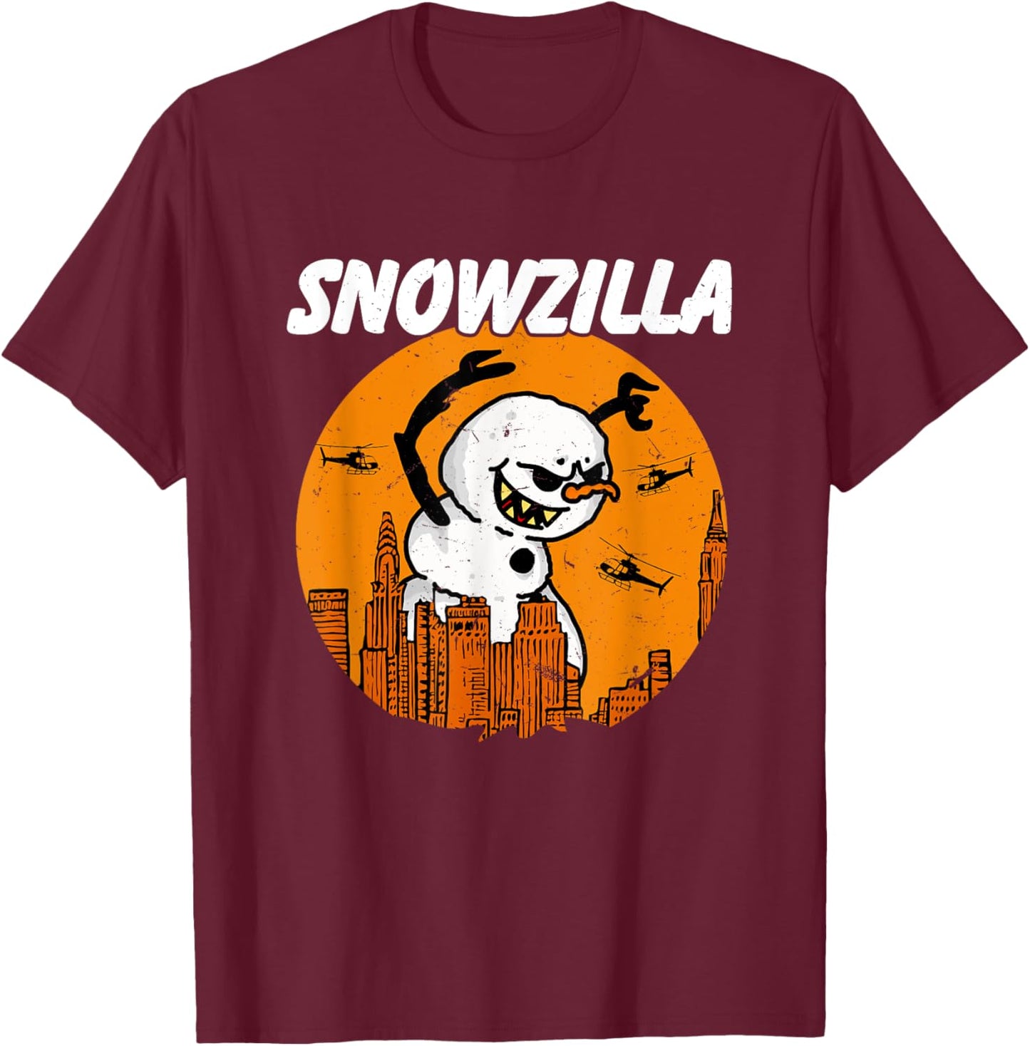 Snowzilla Japanese Monster Snowman Sunset Kaiju Christmas T-Shirt - T-Shirt | Maroon