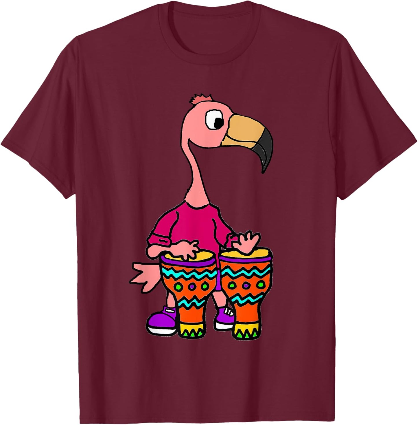 SmileteesMusic Cute Flamingo Playing Bongo Drums T-Shirt - T-Shirt | Maroon