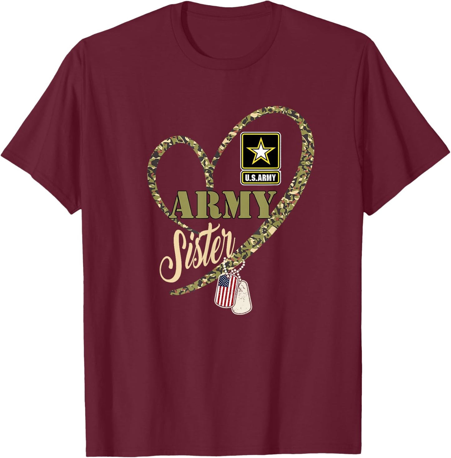 Proud Army Sister Clothing Funny Military Heart Camouflage T-Shirt - T-Shirt | Maroon