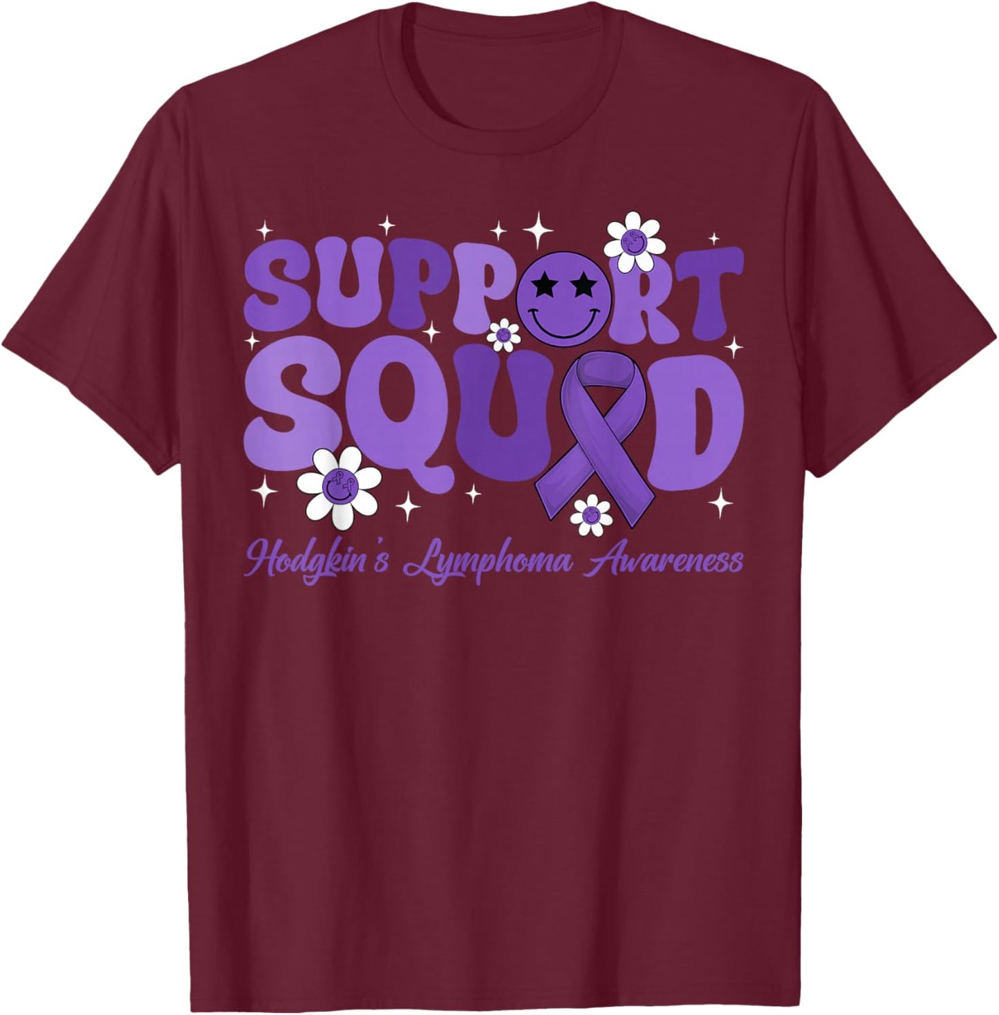 Retro Groovy Support Squad Hodgkins Lymphoma Lavender Ribbon T-Shirt - T-Shirt | Maroon