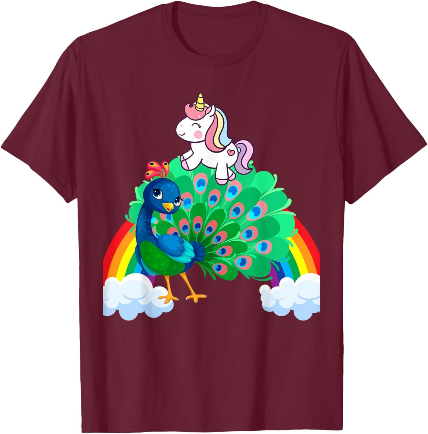 Unicorn Riding Peacock Boys Girls Men Women Kids Rainbow T-Shirt - T-Shirt | Maroon