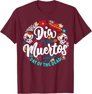 Day of the Dead Dia de los Muertos Sugar Skull Halloween T-Shirt - T-Shirt | Maroon