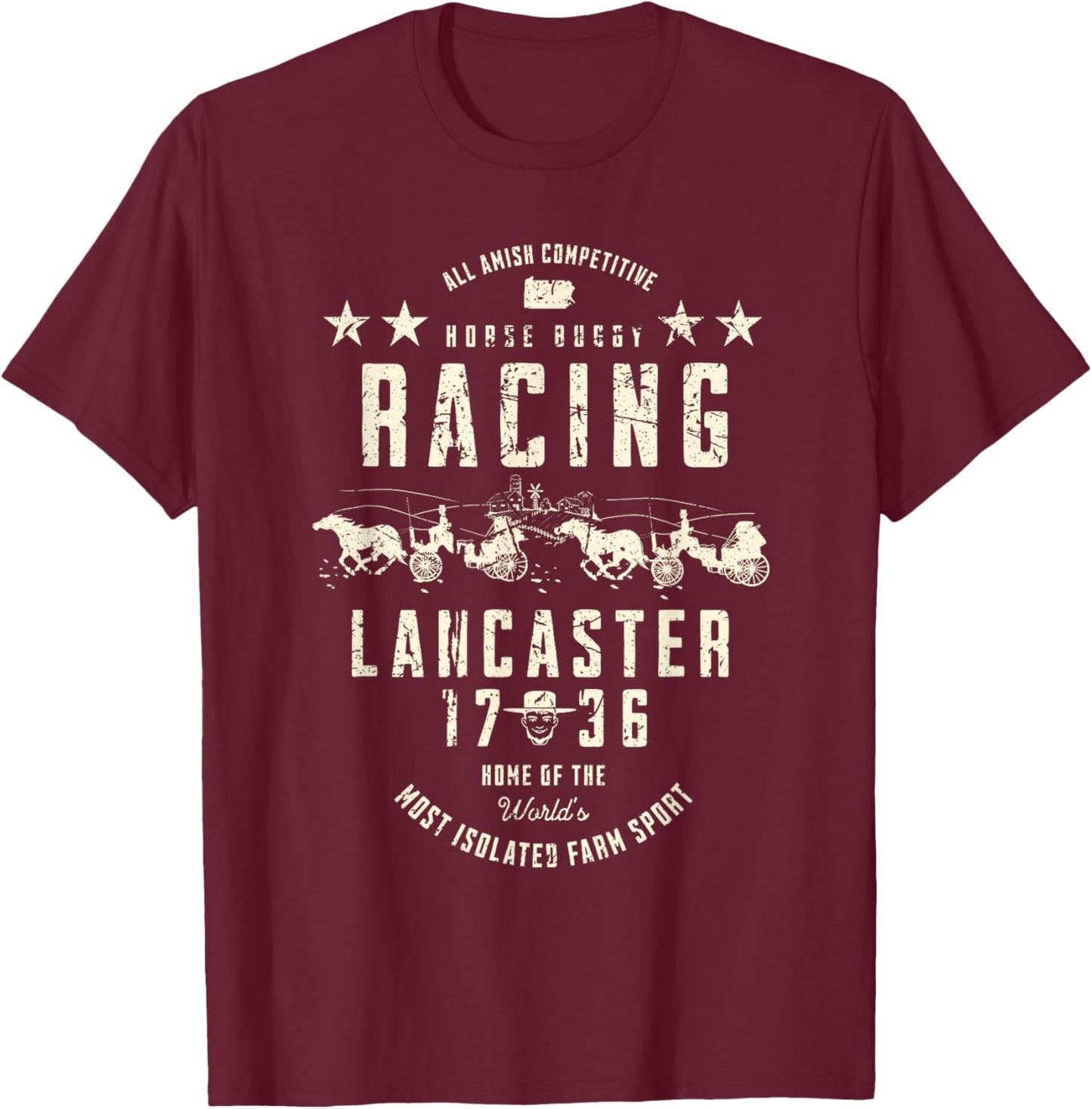 All Amish Competitive Horse Buggy Racing Lancaster 1736 T-Shirt - T-Shirt | Maroon