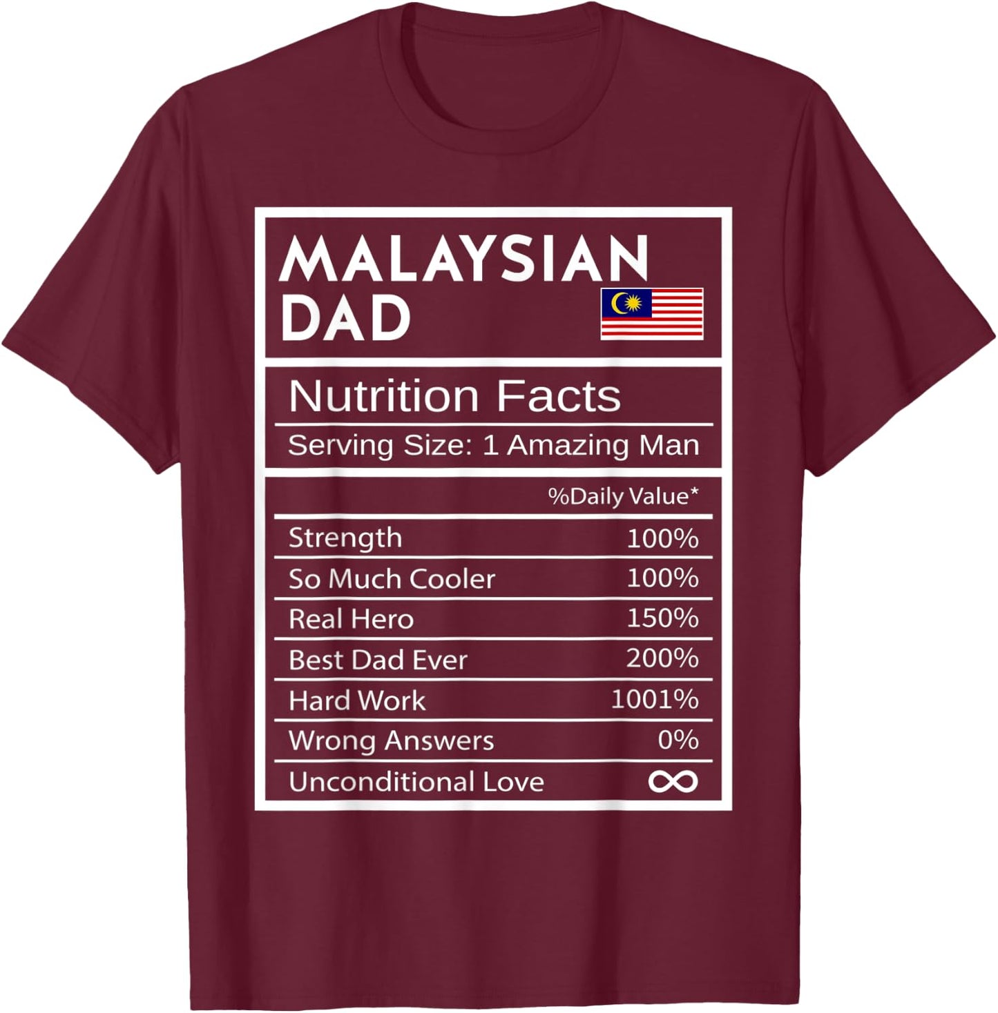 Malaysian Dad Nutrition Facts National Pride Gift Dad T-Shirt - T-Shirt | Maroon