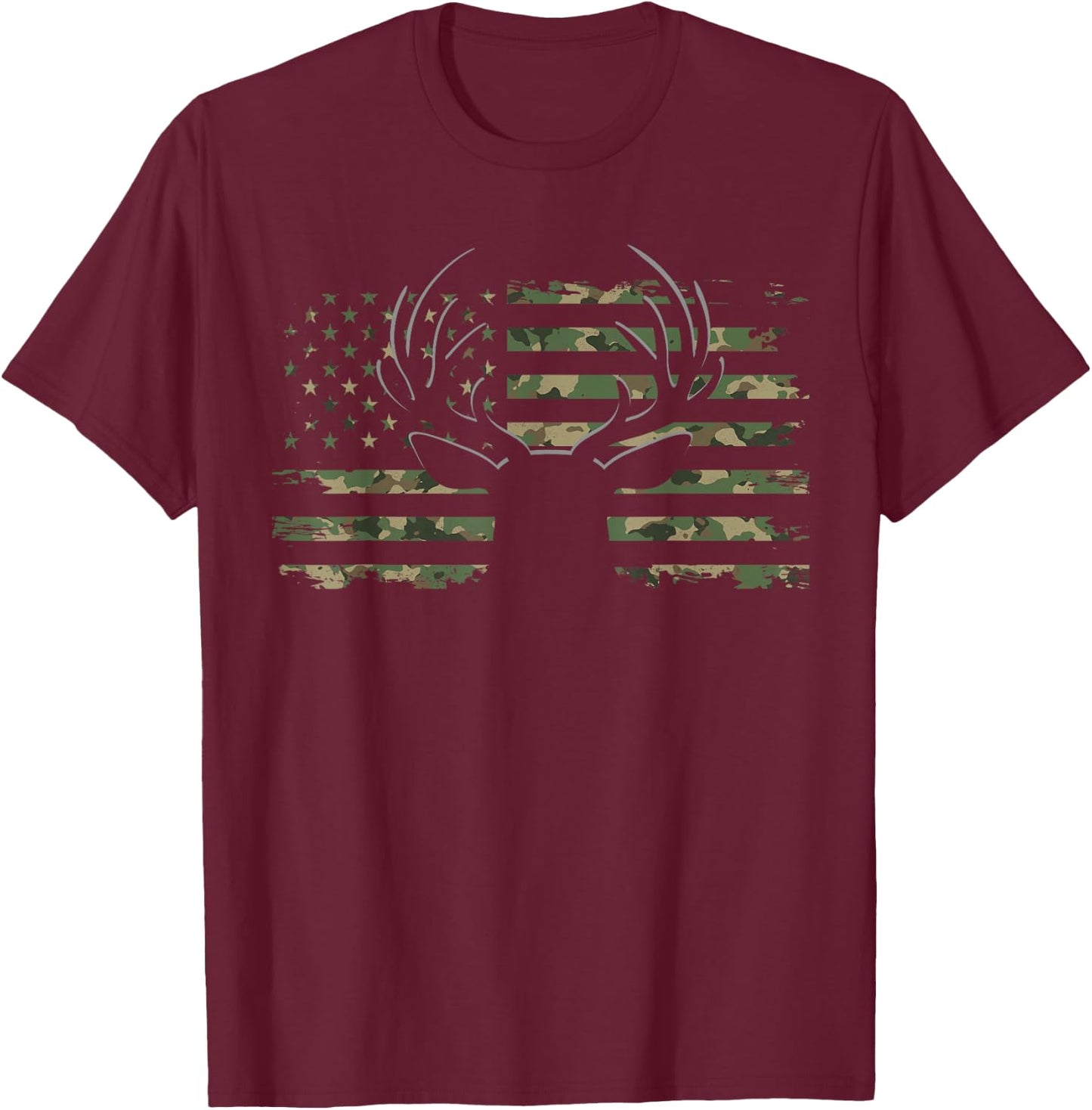 American Flag Camouflage Outdoor Antlers Deer Small T-Shirt - T-Shirt | Maroon