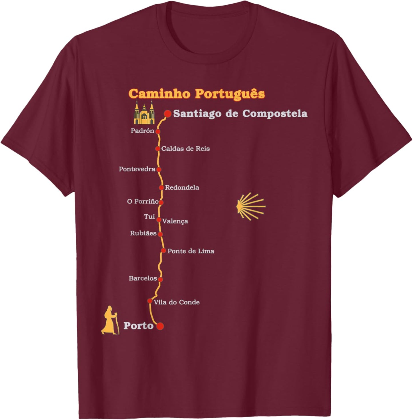 Route Caminho Português de Santiago Stages Camino Portugues T-Shirt - T-Shirt | Maroon