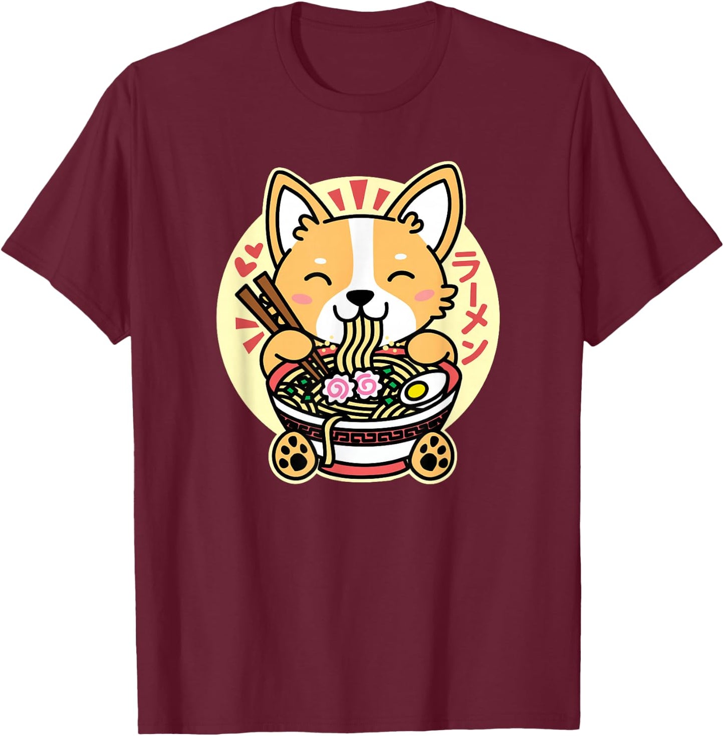 Kawaii Ramen Cute Anime Dog Corgi Japanese Noodles Drk T-Shirt - T-Shirt | Maroon