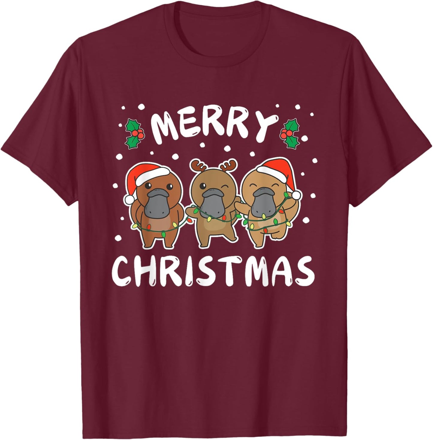 Merry Christmas Cute Platypus Festive Lights Platypus T-Shirt - T-Shirt | Maroon