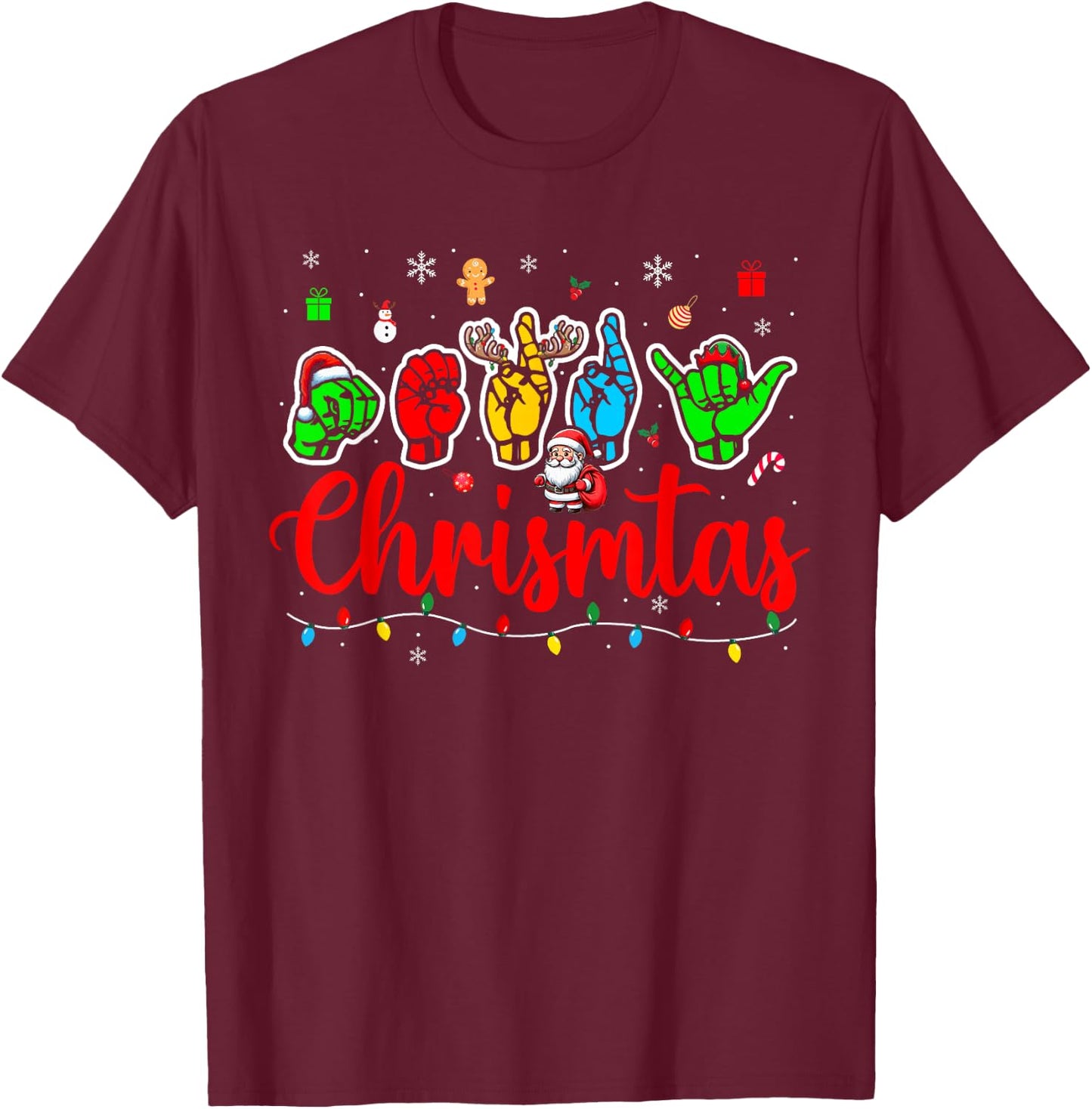 Merry Christmas ASL Hand Sign Language Colorful Santa Lover T-Shirt - T-Shirt | Maroon