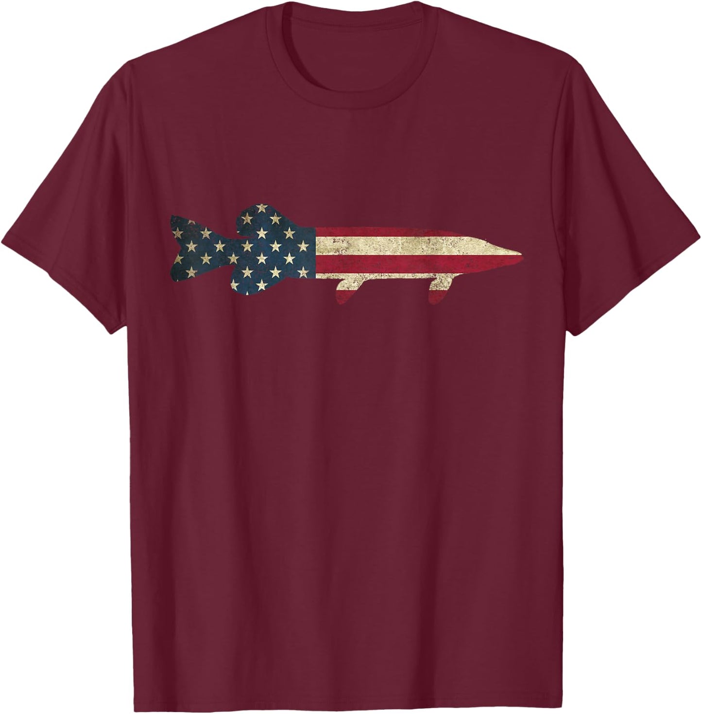 Pike Musky Fishing American Flag Vintage Patriotic Fisherman T-Shirt - T-Shirt | Maroon
