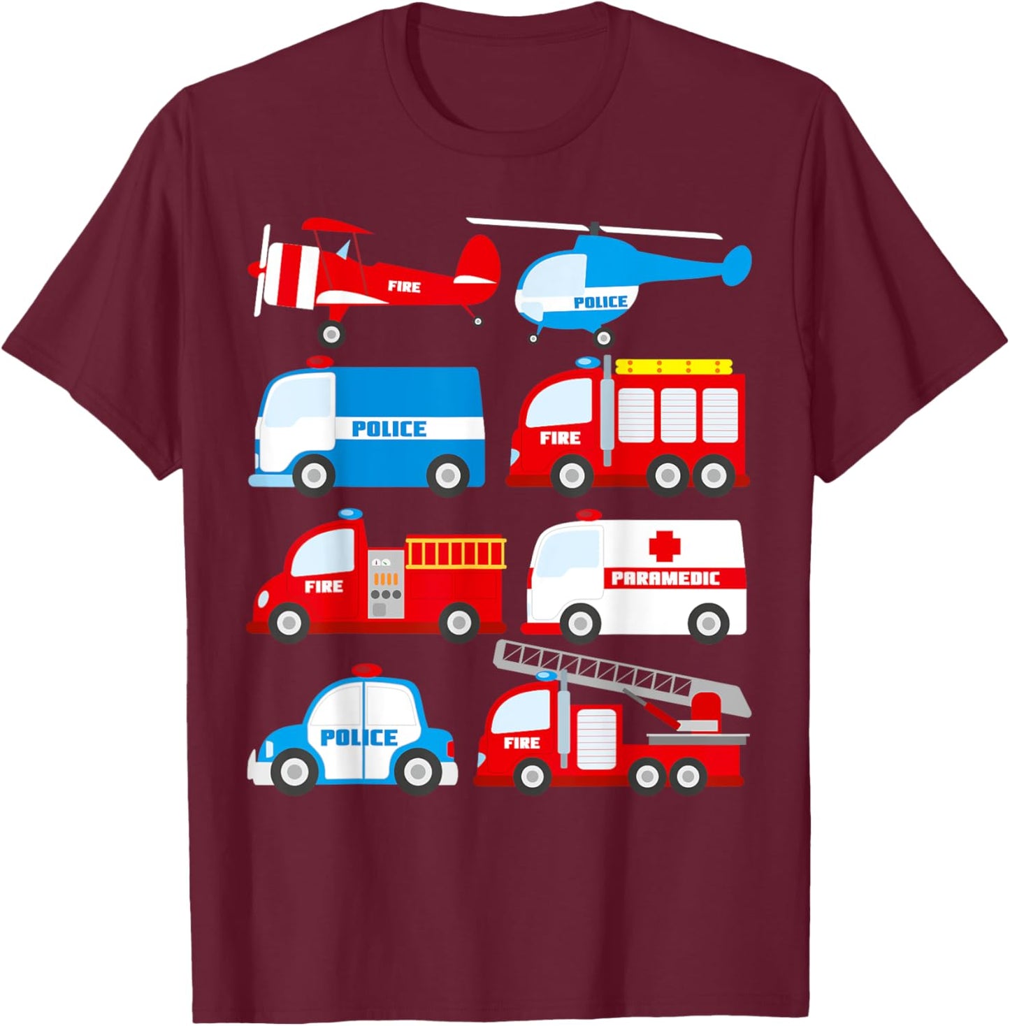 Emergency Vehicles Birthday Ambulance Fire Truck Firefighter T-Shirt - T-Shirt | Maroon