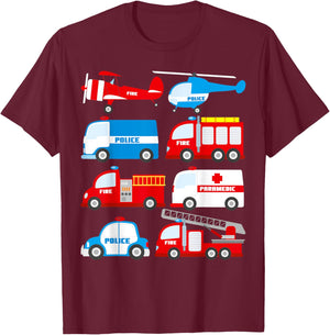 Emergency Vehicles Birthday Ambulance Fire Truck Firefighter T-Shirt - T-Shirt | Maroon