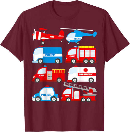 Emergency Vehicles Birthday Ambulance Fire Truck Firefighter T-Shirt - T-Shirt | Maroon