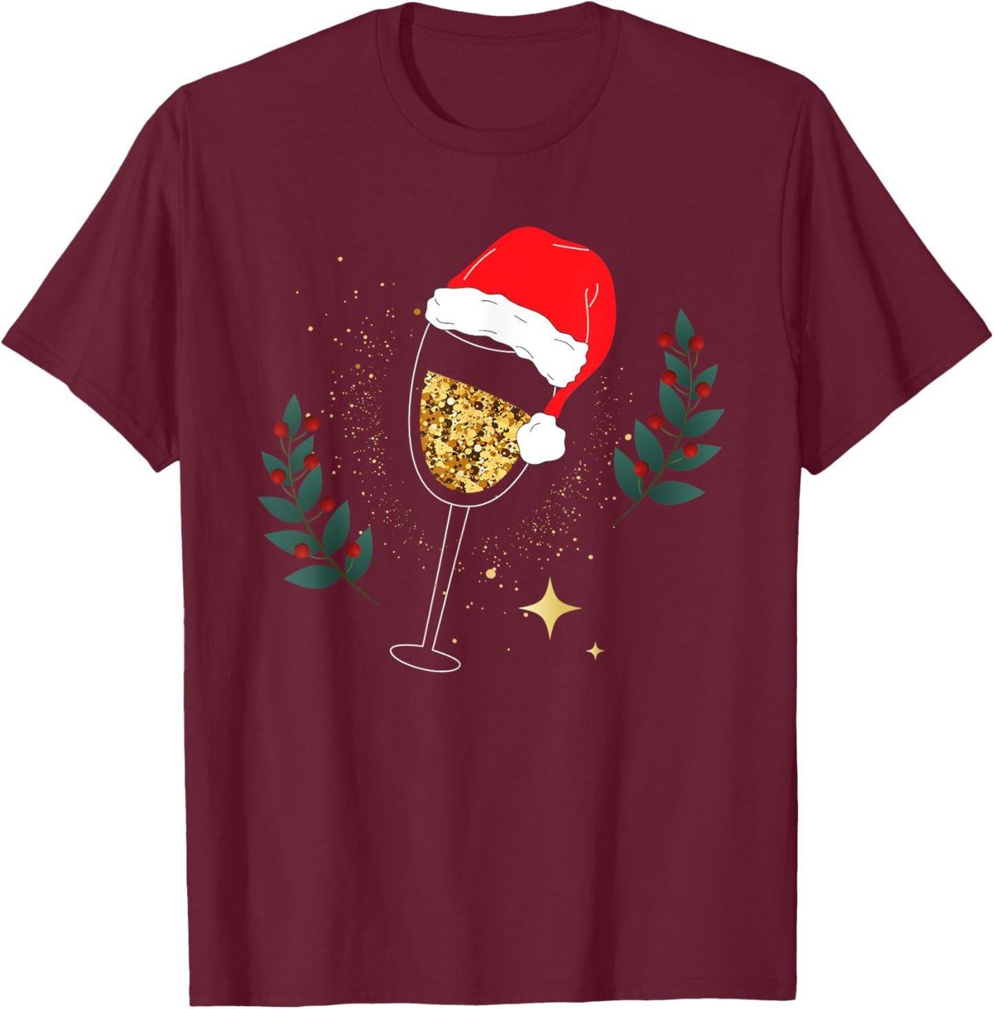 Christmas Champagne Santa Hat Glass Drink T-Shirt - T-Shirt | Maroon