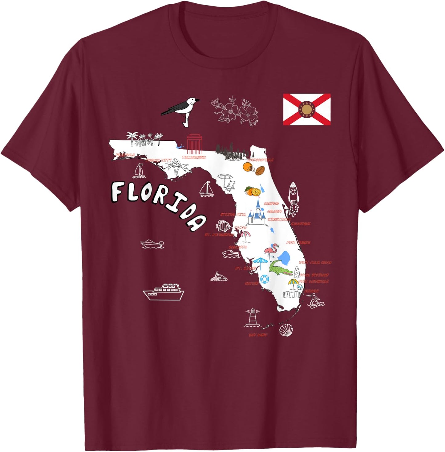 Florida State Map tourist attractions cities flag T-Shirt - T-Shirt | Maroon