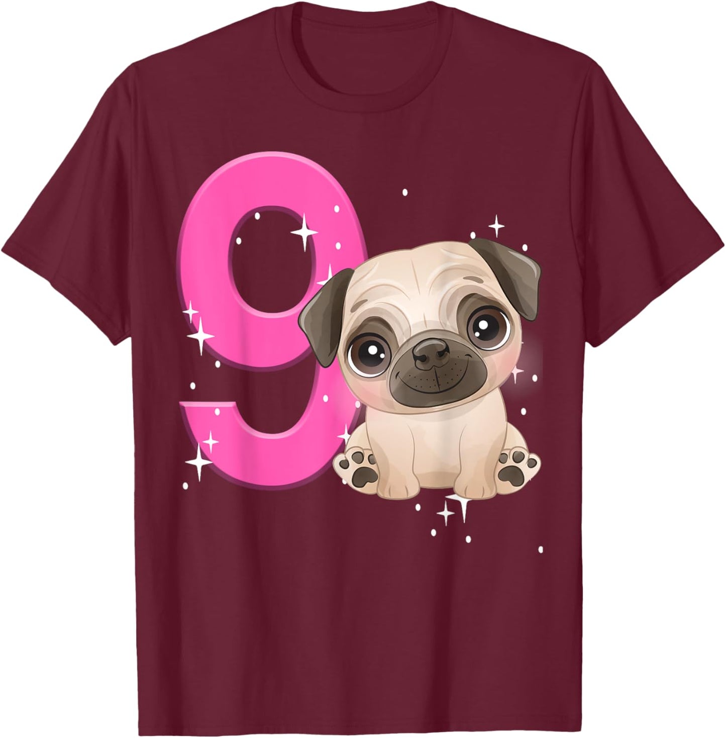 9th Birthday Girl Pug Dog Birthday Shirt Party Pug Kids Nine T-Shirt - T-Shirt | Maroon