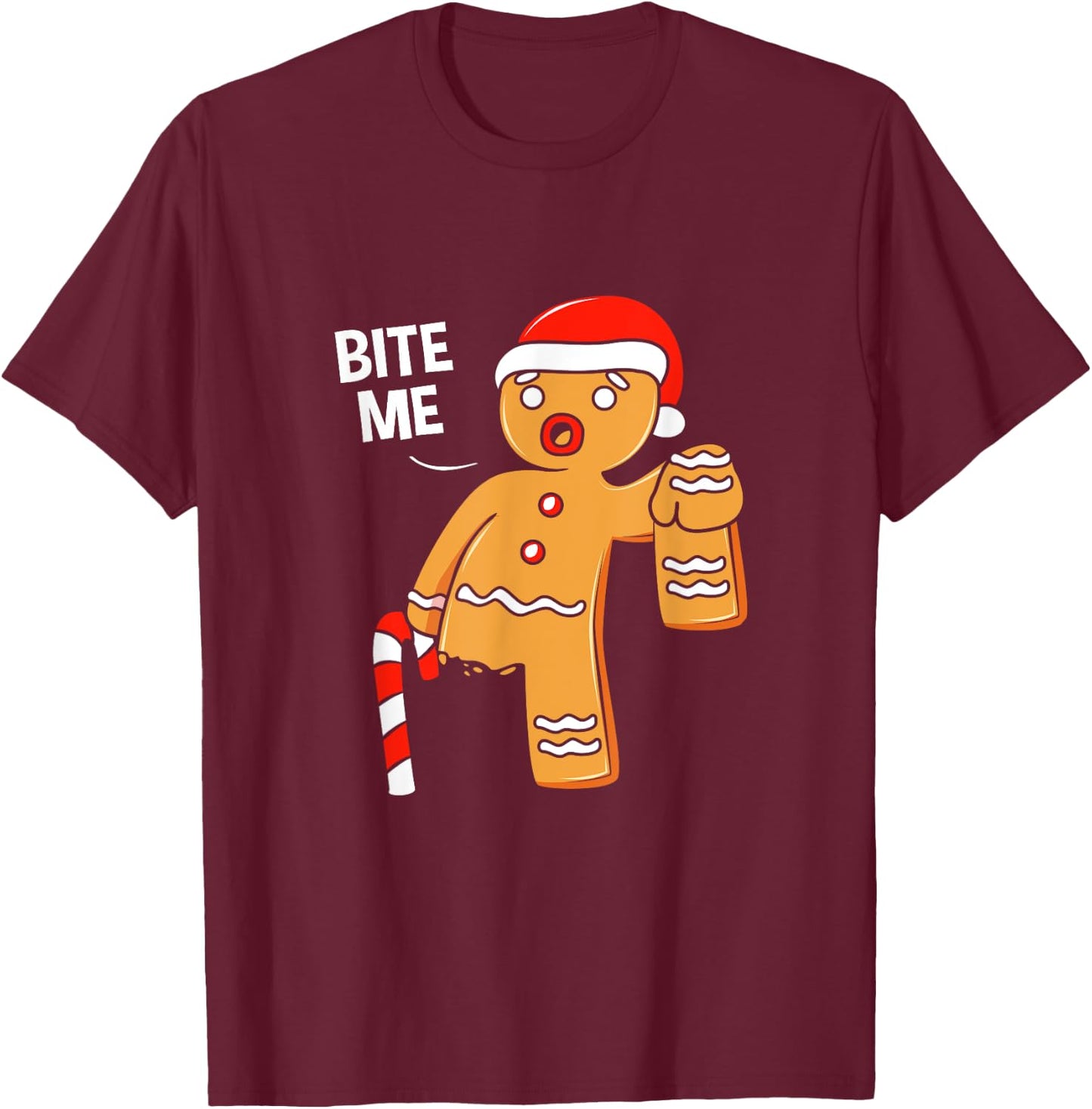 Funny Gingerbread Cookie Bite Me Christmas Candy Cane T-Shirt - T-Shirt | Maroon