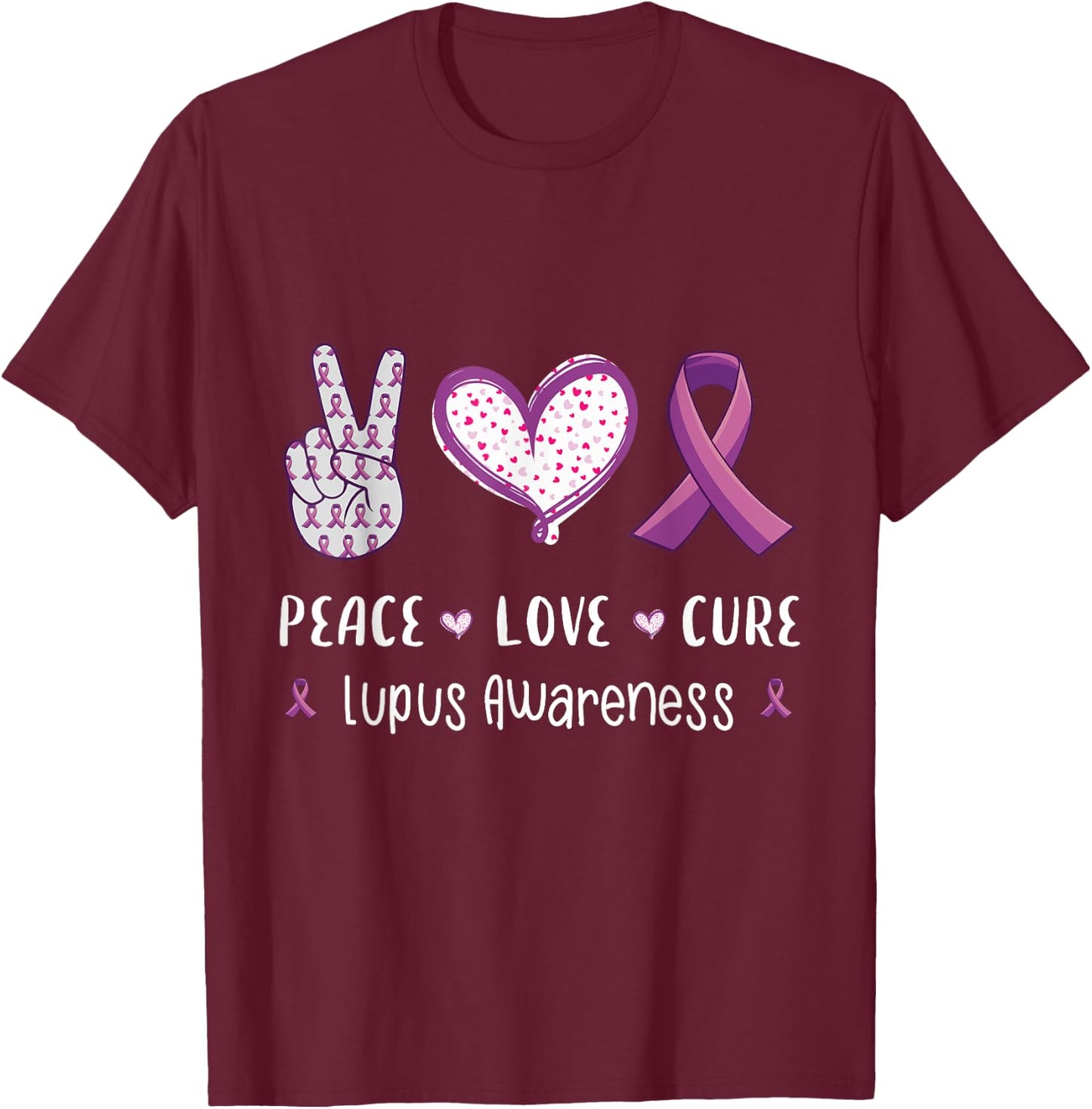 Peace Love cure lupus awareness men women kids lupus T-Shirt - T-Shirt | Maroon