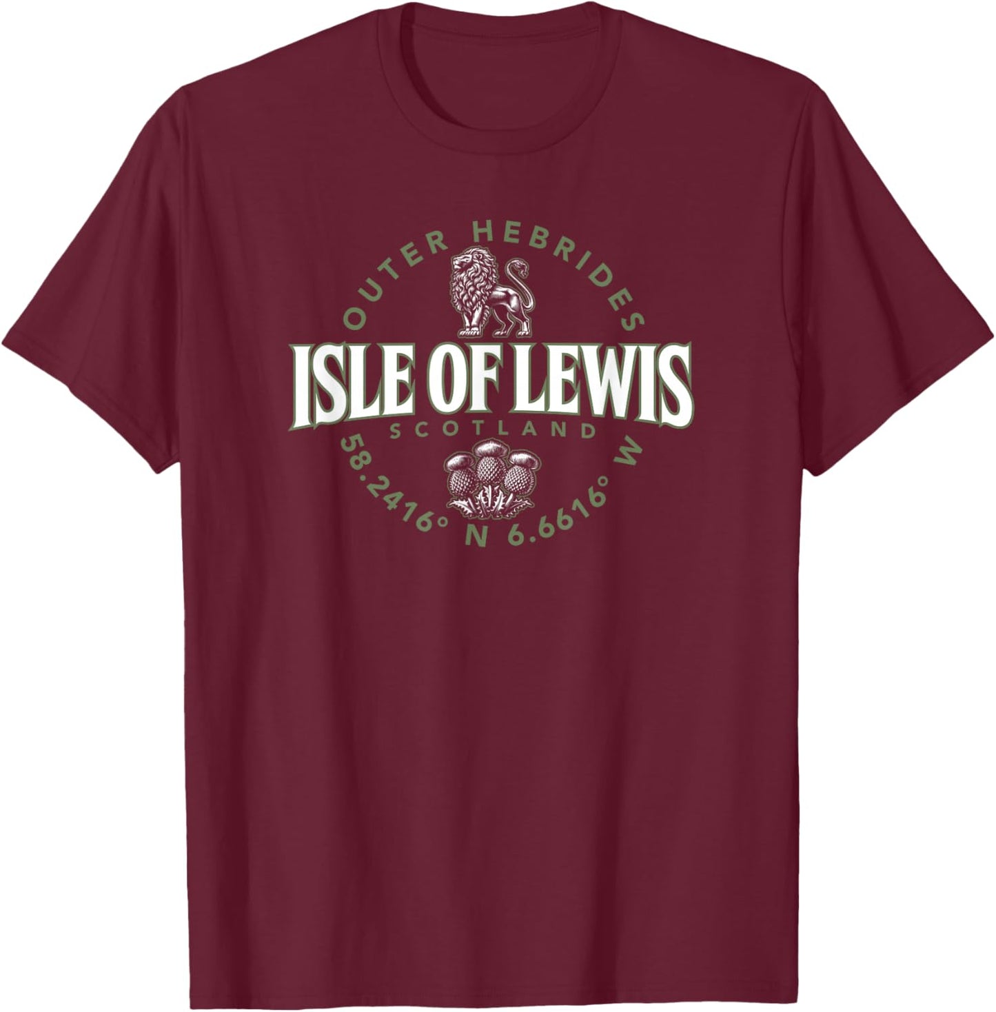 Isle of Lewis Scotland Outer Hebrides Coordinates Label 2C T-Shirt - T-Shirt | Maroon
