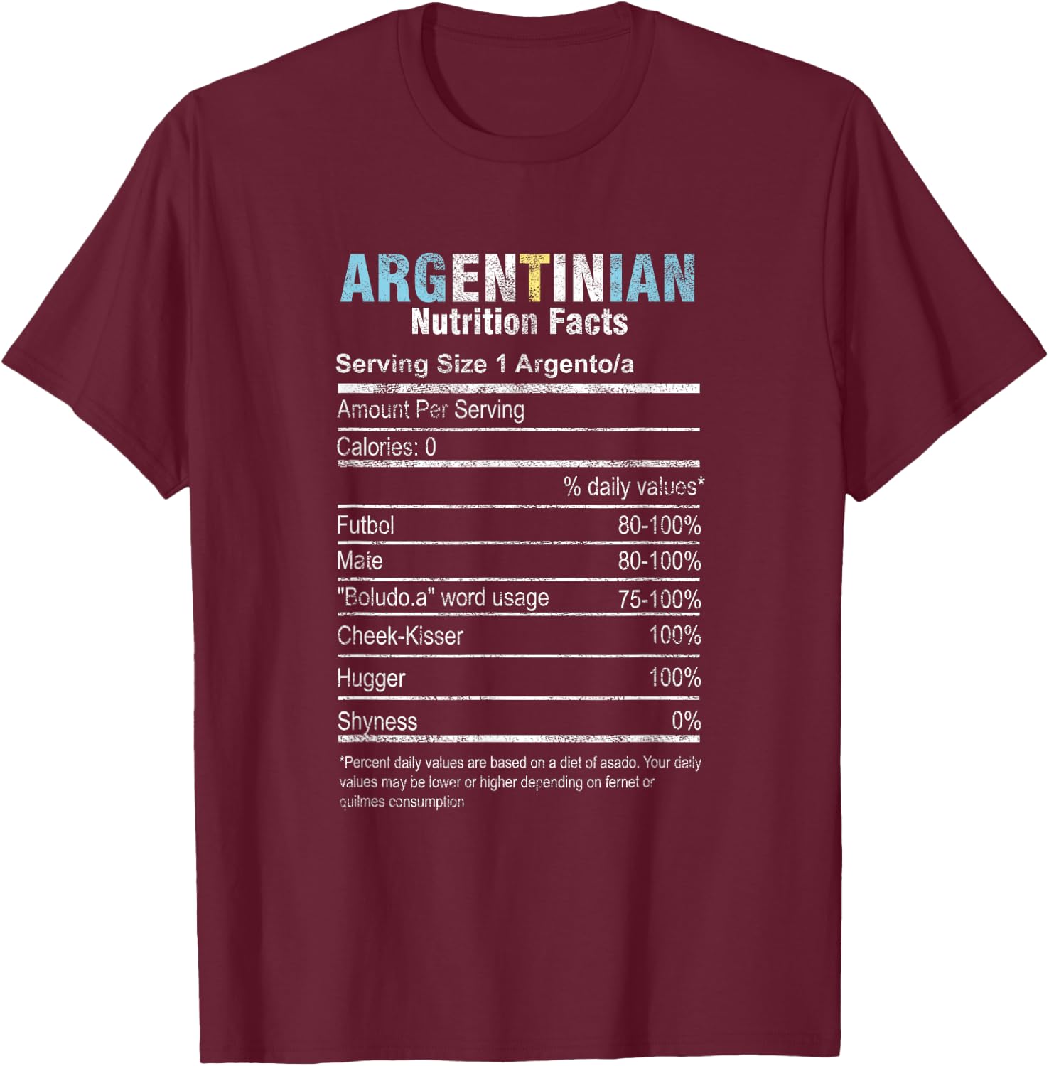 Funny Argentinian Nutrition Facts Argentina Argentine People T-Shirt - T-Shirt | Maroon