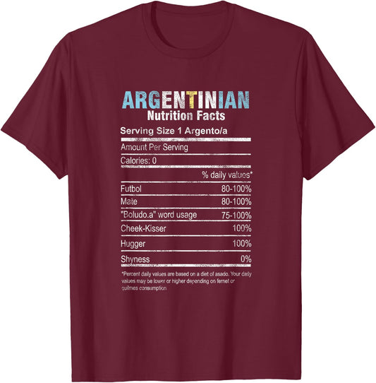 Funny Argentinian Nutrition Facts Argentina Argentine People T-Shirt - T-Shirt | Maroon