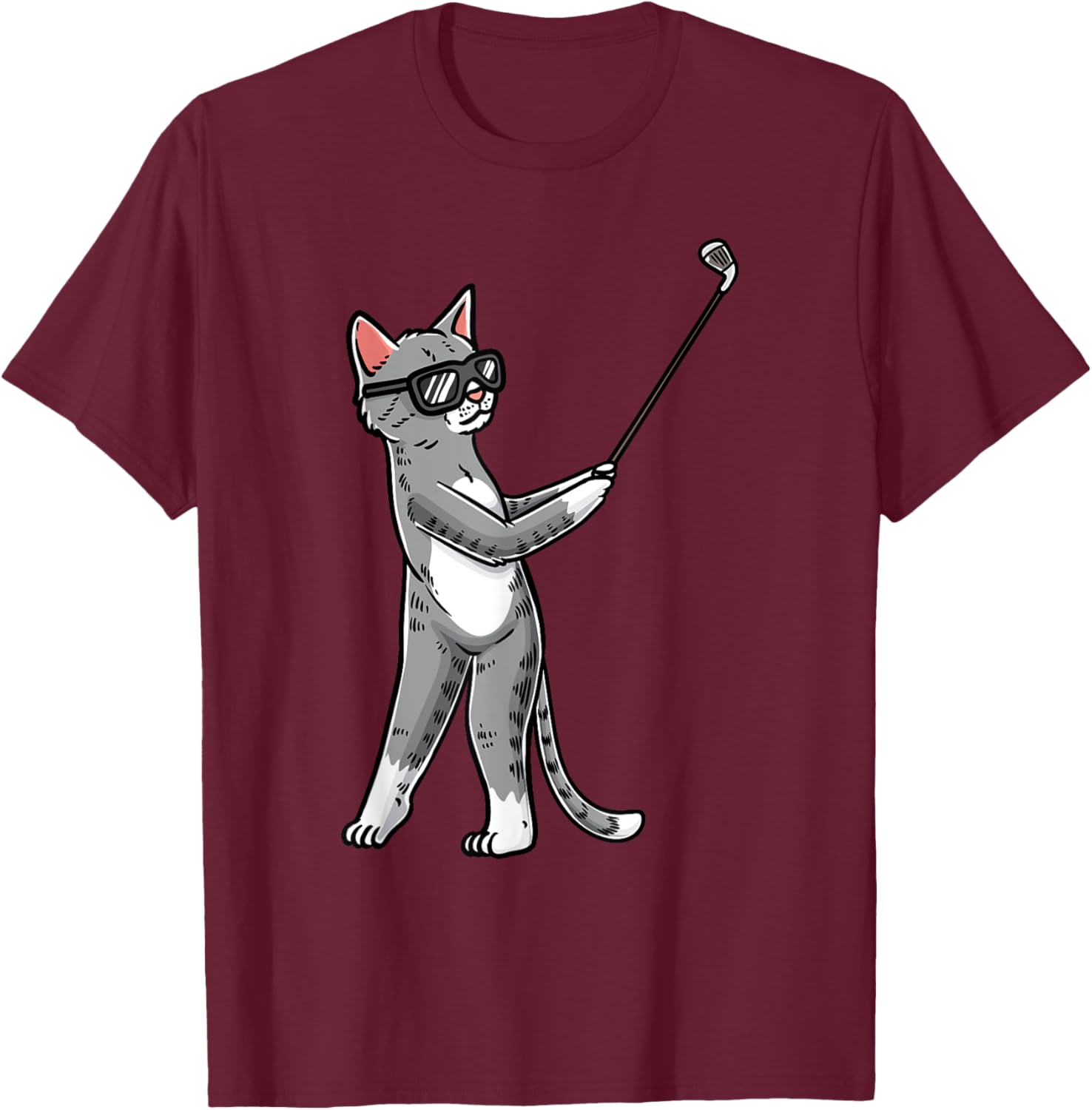 Cat With Golf Club Golfing Golfer Golf Player Men Women Girls Kids T-Shirt - T-Shirt | Maroon