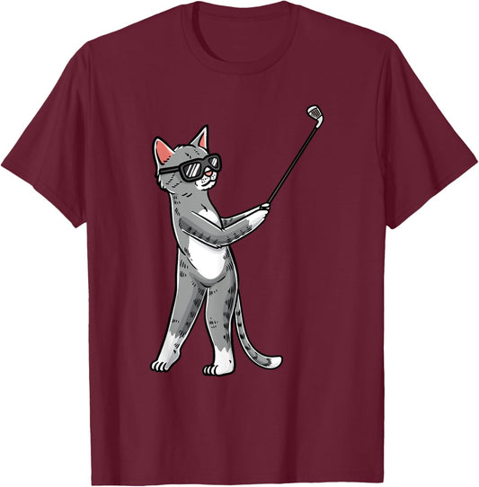 Cat With Golf Club Golfing Golfer Golf Player Men Women Girls Kids T-Shirt - T-Shirt | Maroon