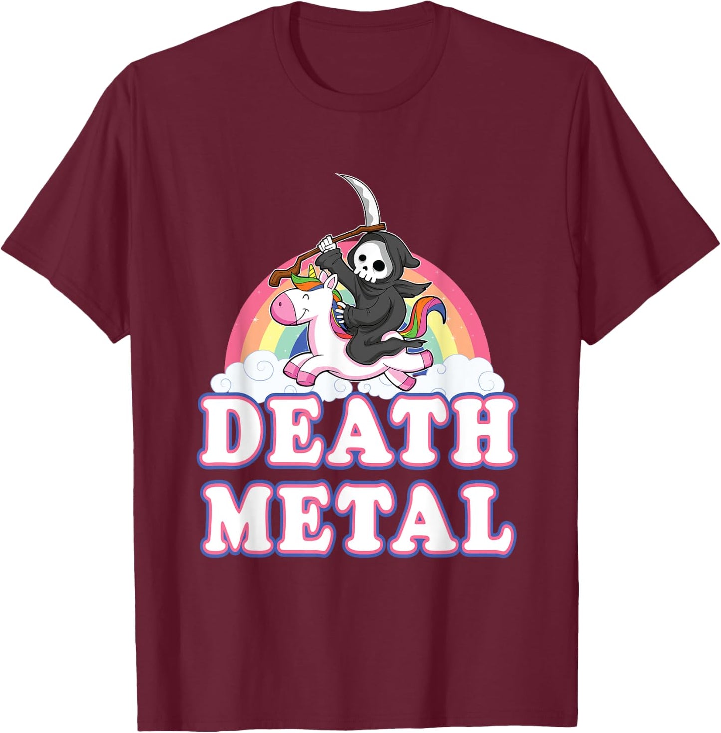 Death Metal Rock Music Rainbow Grim Reaper Riding Unicorn T-Shirt - T-Shirt | Maroon