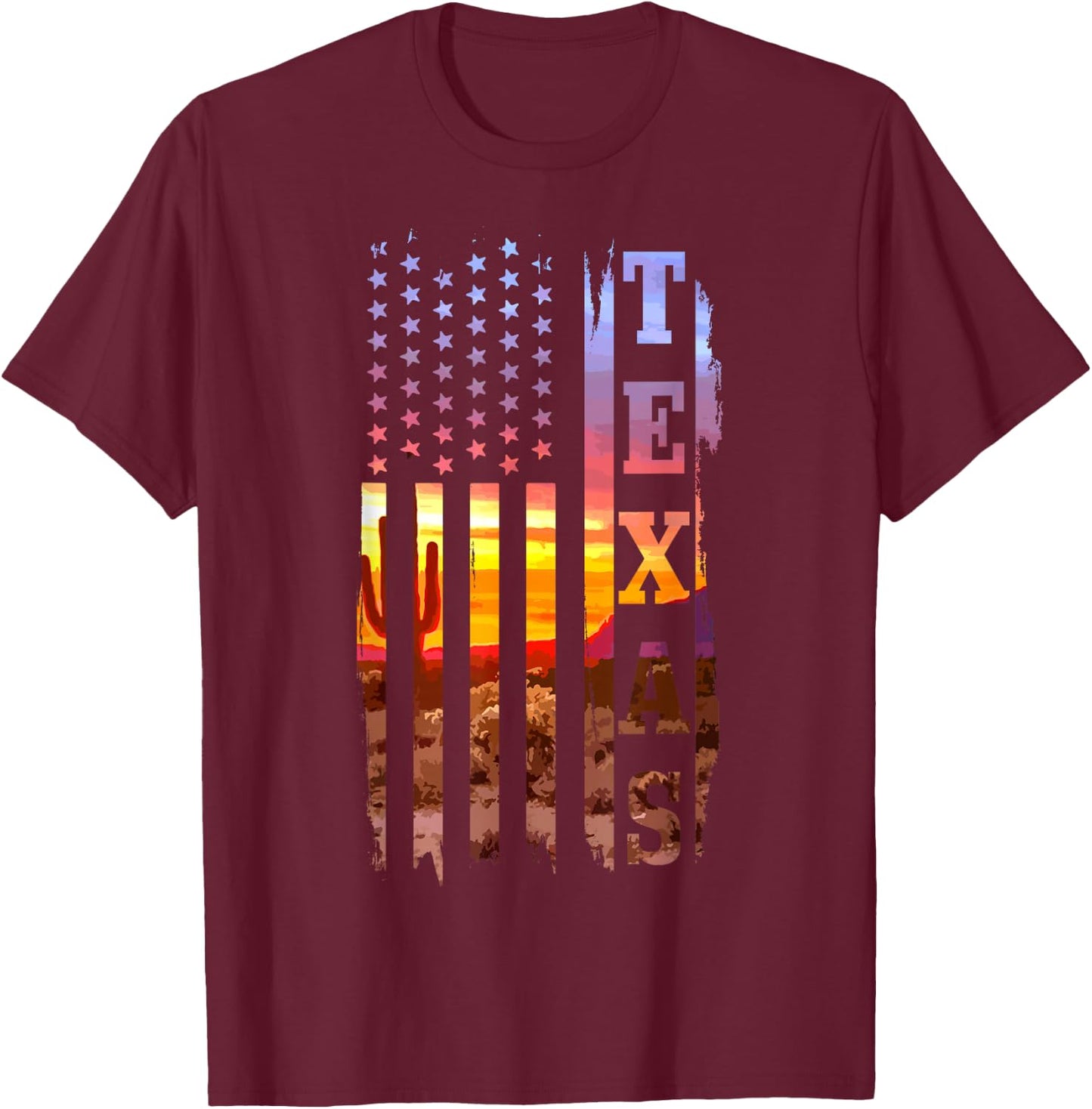 Texas American Flag Pride Landscape Cactus T-Shirt - T-Shirt | Maroon