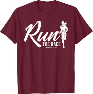 Hebrews 12:1-2 Run the Race-Female Runner Graphic T-Shirt - T-Shirt | Maroon