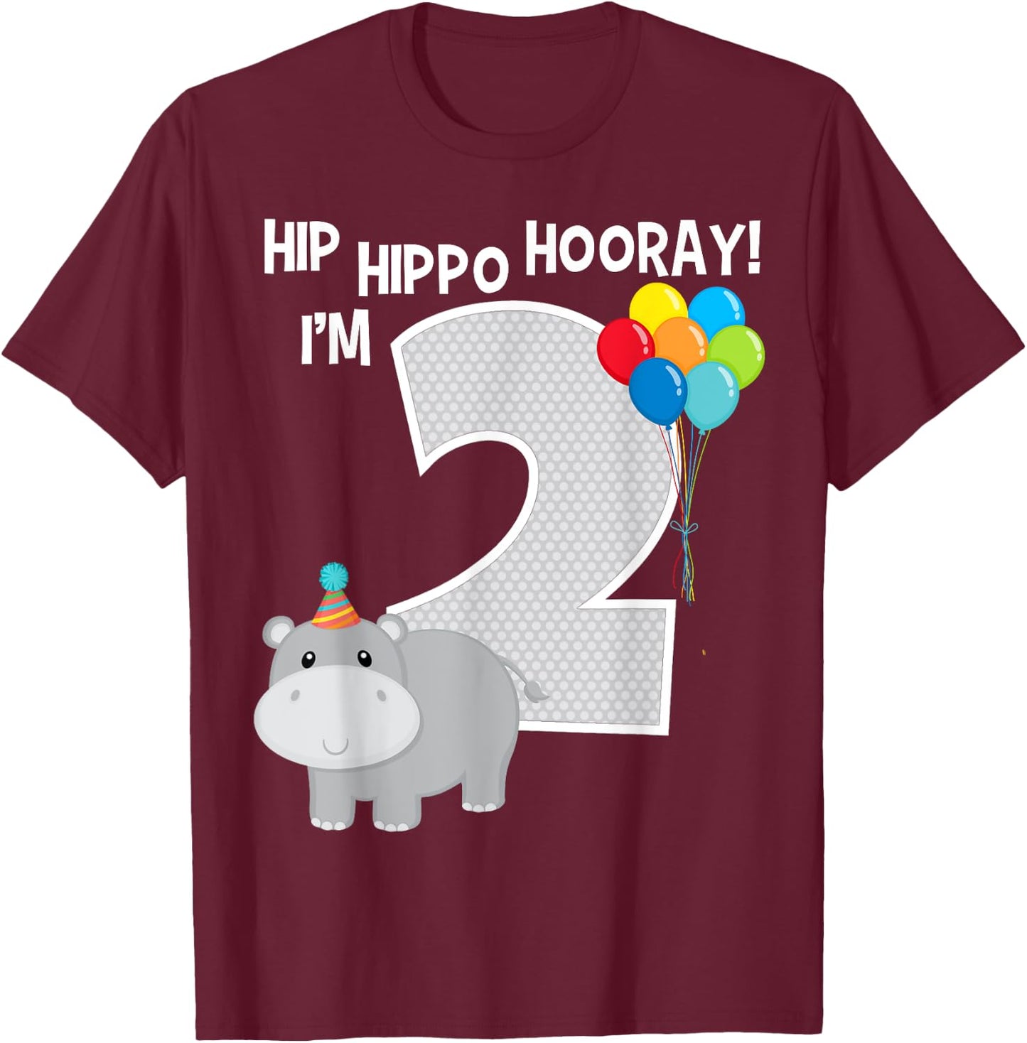 Hip Hippo Hooray I'm 2 Zoo Theme 2nd Birthday Party Kids T-Shirt - T-Shirt | Maroon