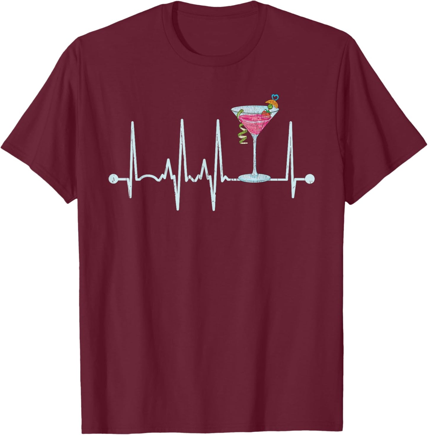 Funny Cocktail Glass Heartbeat - Cocktail Glass Happy Hour T-Shirt - T-Shirt | Maroon