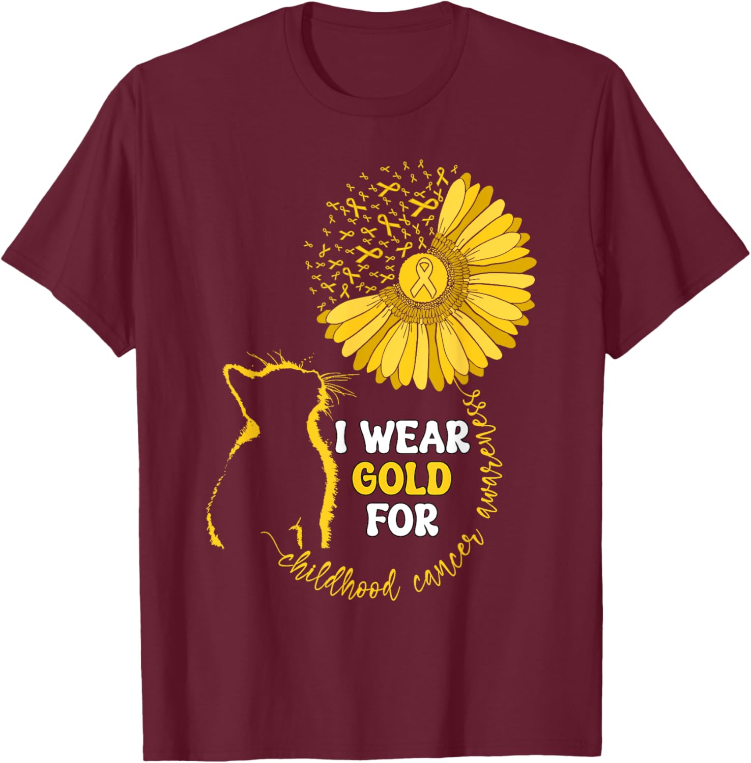 I Wear Gold For Childhood Cancer Awareness Month Cat Ribbon T-Shirt - T-Shirt | Maroon