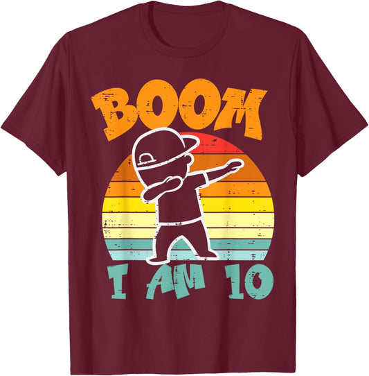 Boom Im 10 Boy Dab Retro 10th Birthday Bday Party Dance Boys T-Shirt - T-Shirt | Maroon