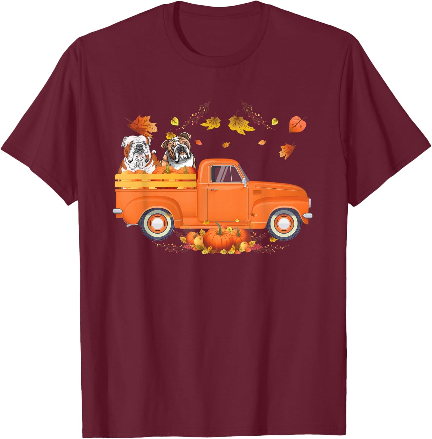 Bulldog Pumpkin Truck Fall Leaf Thanksgiving Halloween Men Women Kids T-Shirt - T-Shirt | Maroon