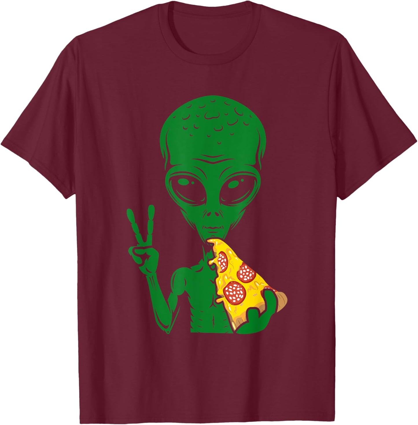 Funny Alien Head Eating Pizza UFO Extraterrestrial Small T-Shirt - T-Shirt | Maroon