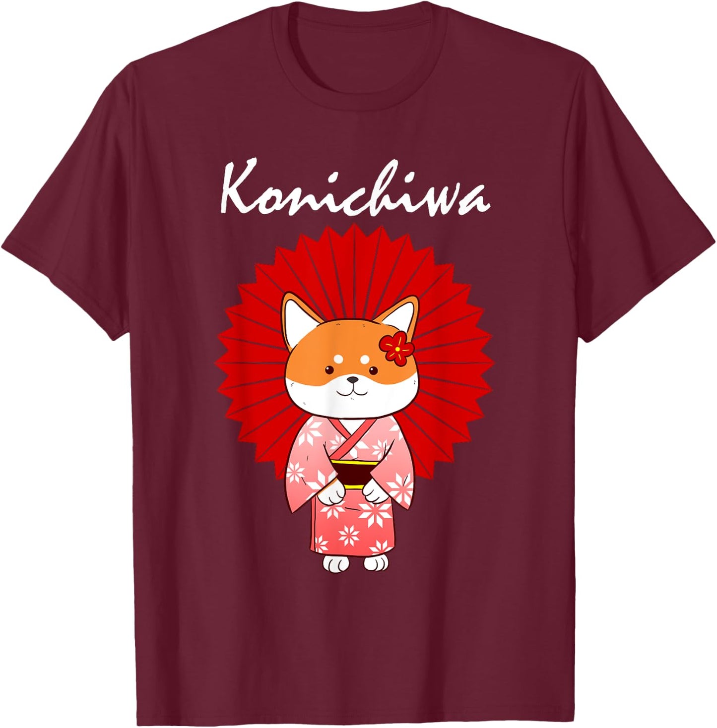 Funny Shiba Inu Uni Dog Konichiwa Kimono Flower Dress Women Girls Kids T-Shirt - T-Shirt | Maroon
