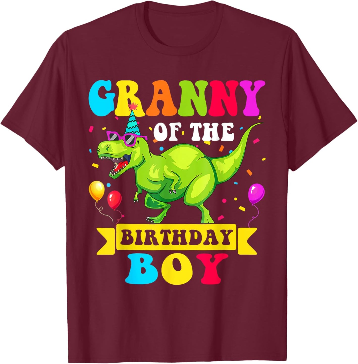 Granny of the Birthday Boy Dinosaur Raptor Funny T-Shirt - T-Shirt | Maroon