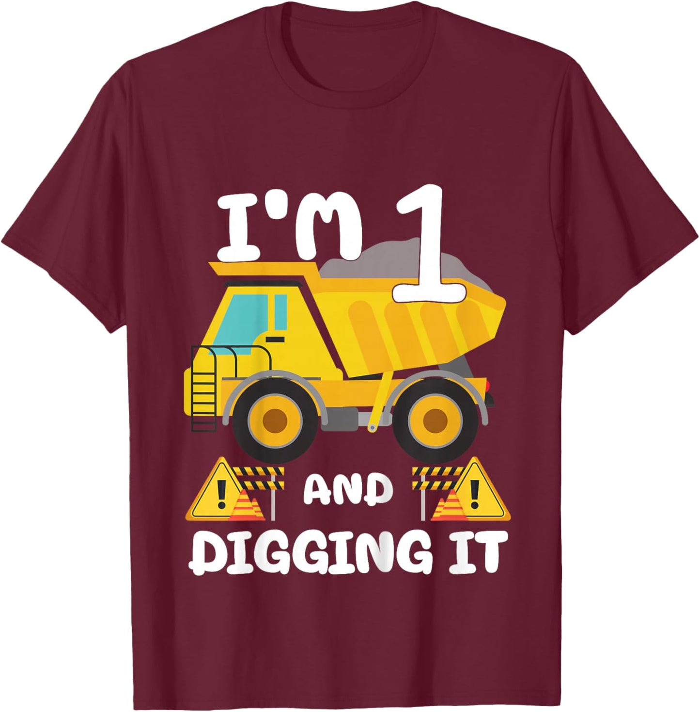 Kids 1st Birthday Construction Birthday Boy 1 Dump Truck BDay T-Shirt - T-Shirt | Maroon