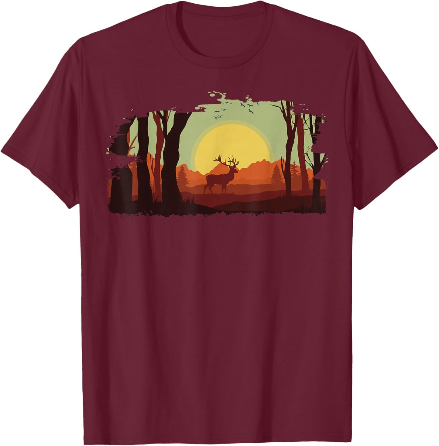Timeless Mountain, Nature Trees and Forest with Deer T-Shirt - T-Shirt | Maroon
