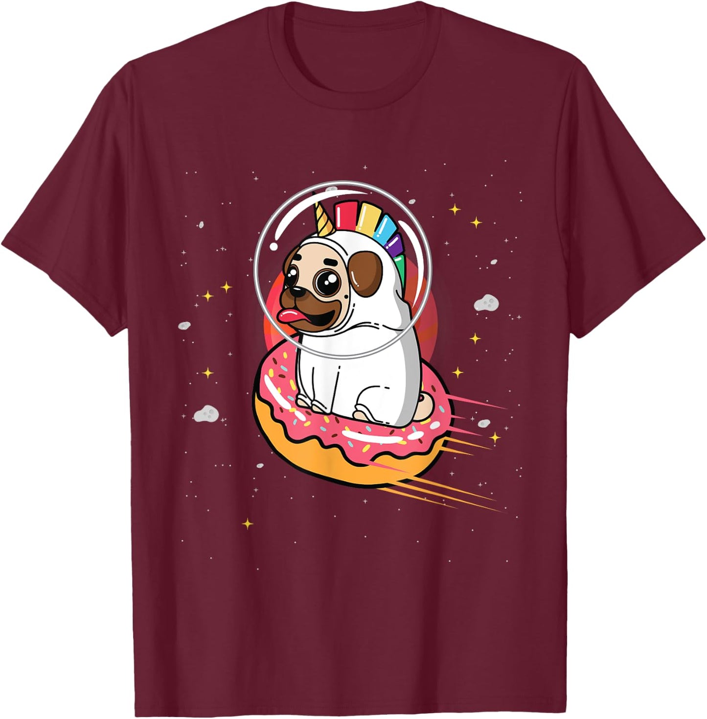 Pug in Rainbow Unicorn Costume riding Donut in Space T-Shirt - T-Shirt | Maroon