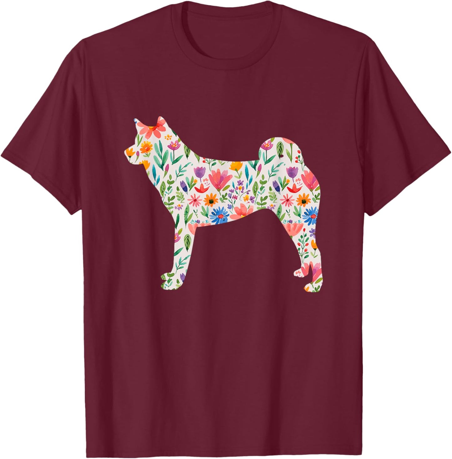 Akita watercolor flowers design T-Shirt - T-Shirt | Maroon