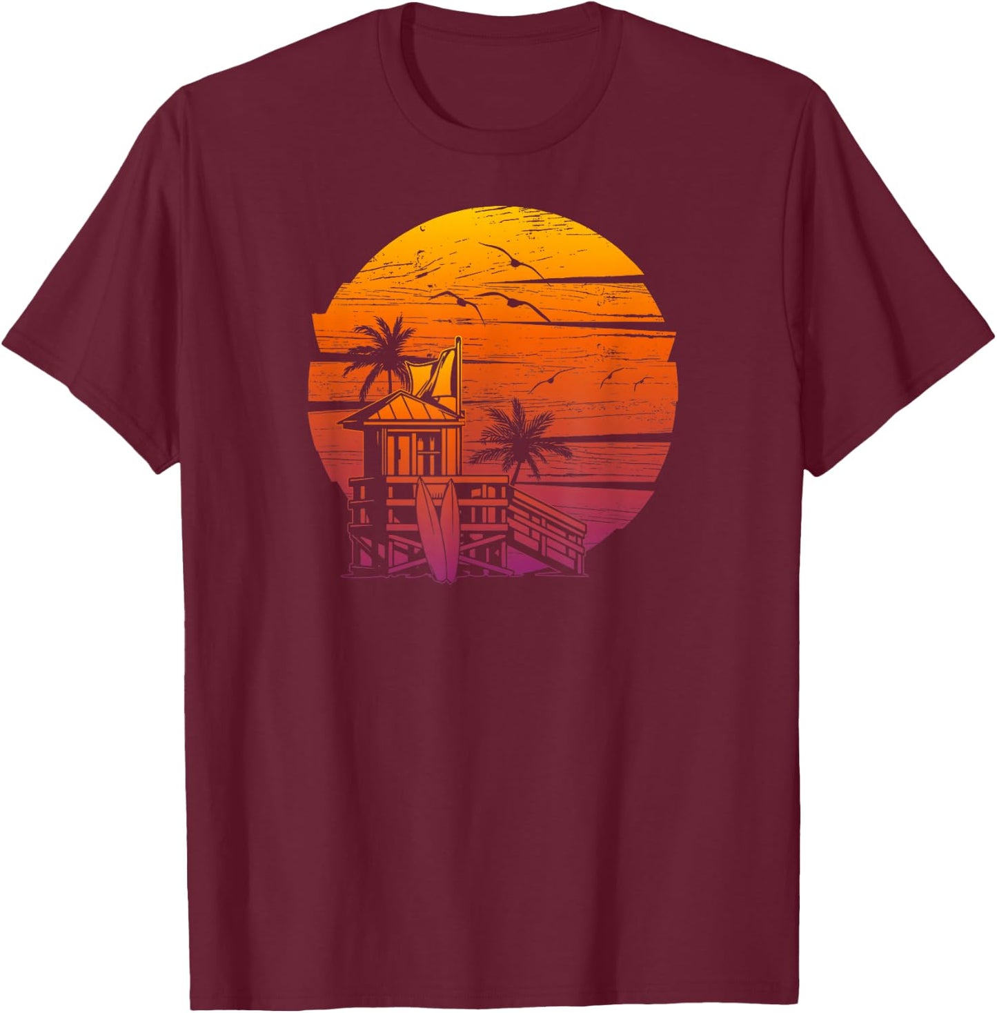 Vintage Beach Lifeguard Tower Distressed Sunset T-Shirt - T-Shirt | Maroon