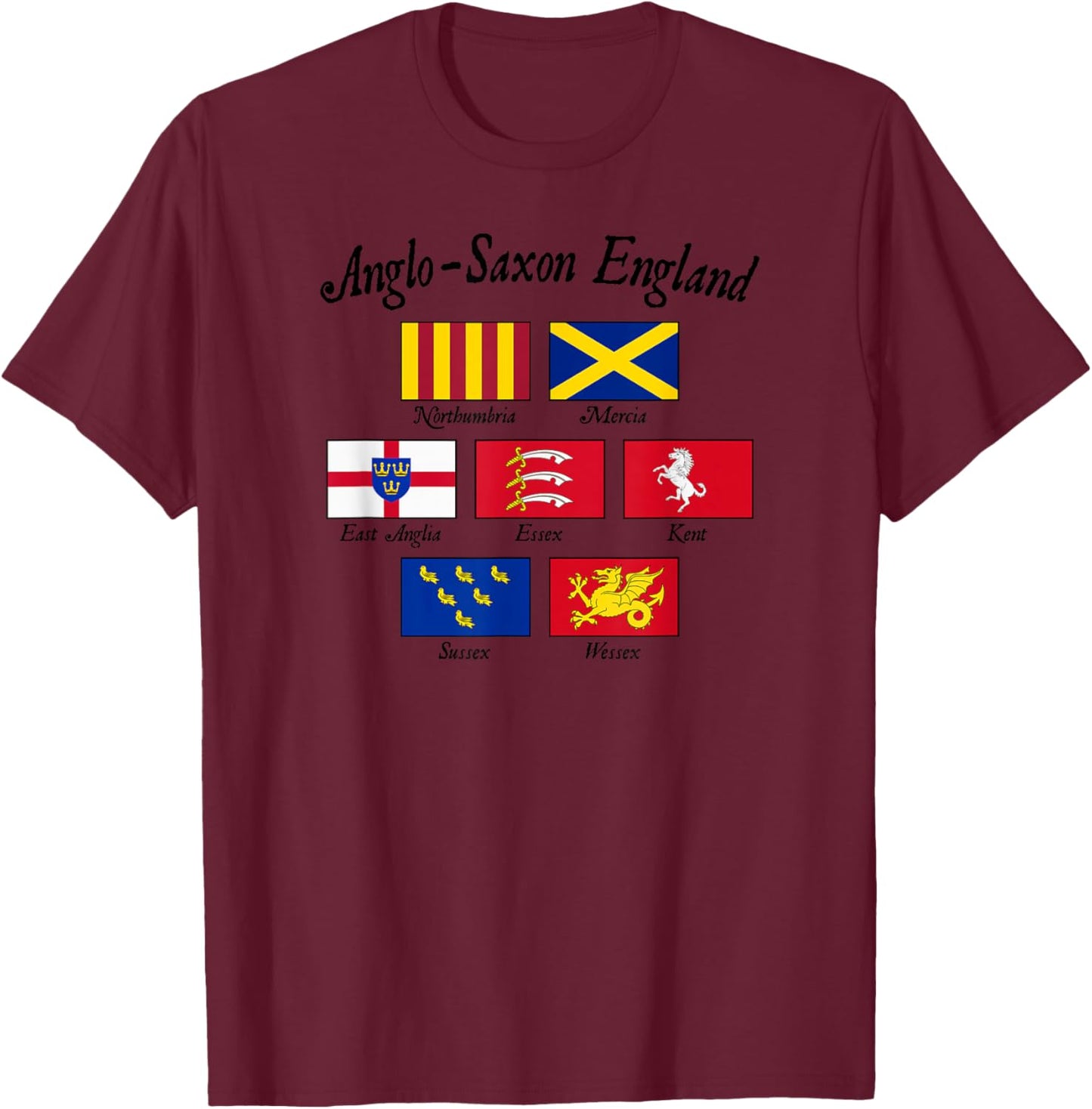 Anglo-Saxon Kingdoms of England Flag Black Lettering T-Shirt - T-Shirt | Maroon