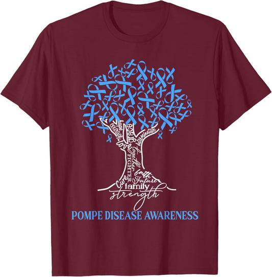 Pompe Disease Awareness Tree Ribbon Blue T-Shirt - T-Shirt | Maroon