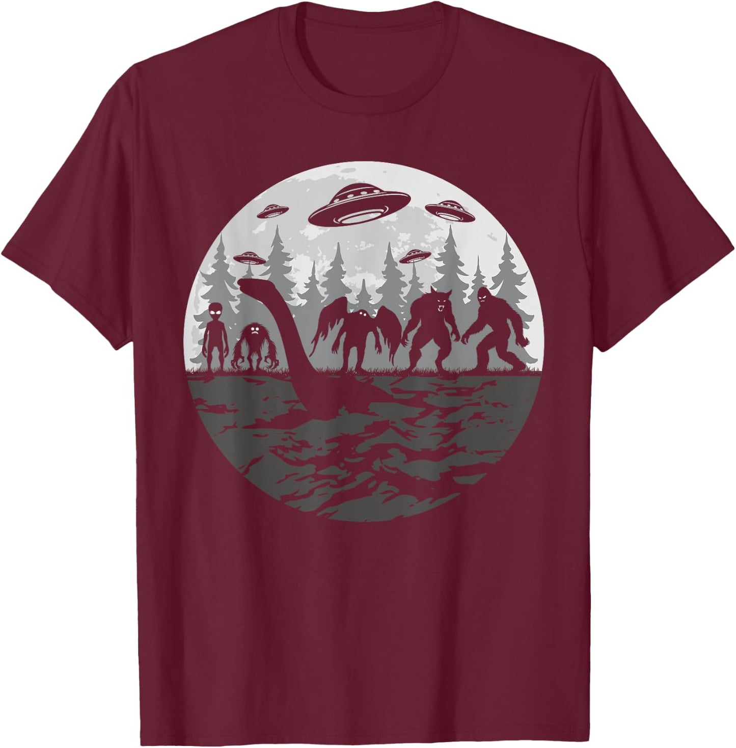 Bigfoot Loch Ness Monster With Mothman Aliens! Funny Cryptid T-Shirt - T-Shirt | Maroon