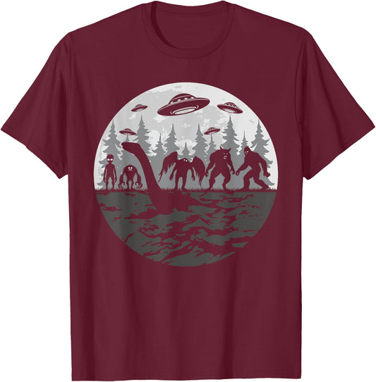 Bigfoot Loch Ness Monster With Mothman Aliens! Funny Cryptid T-Shirt - T-Shirt | Maroon