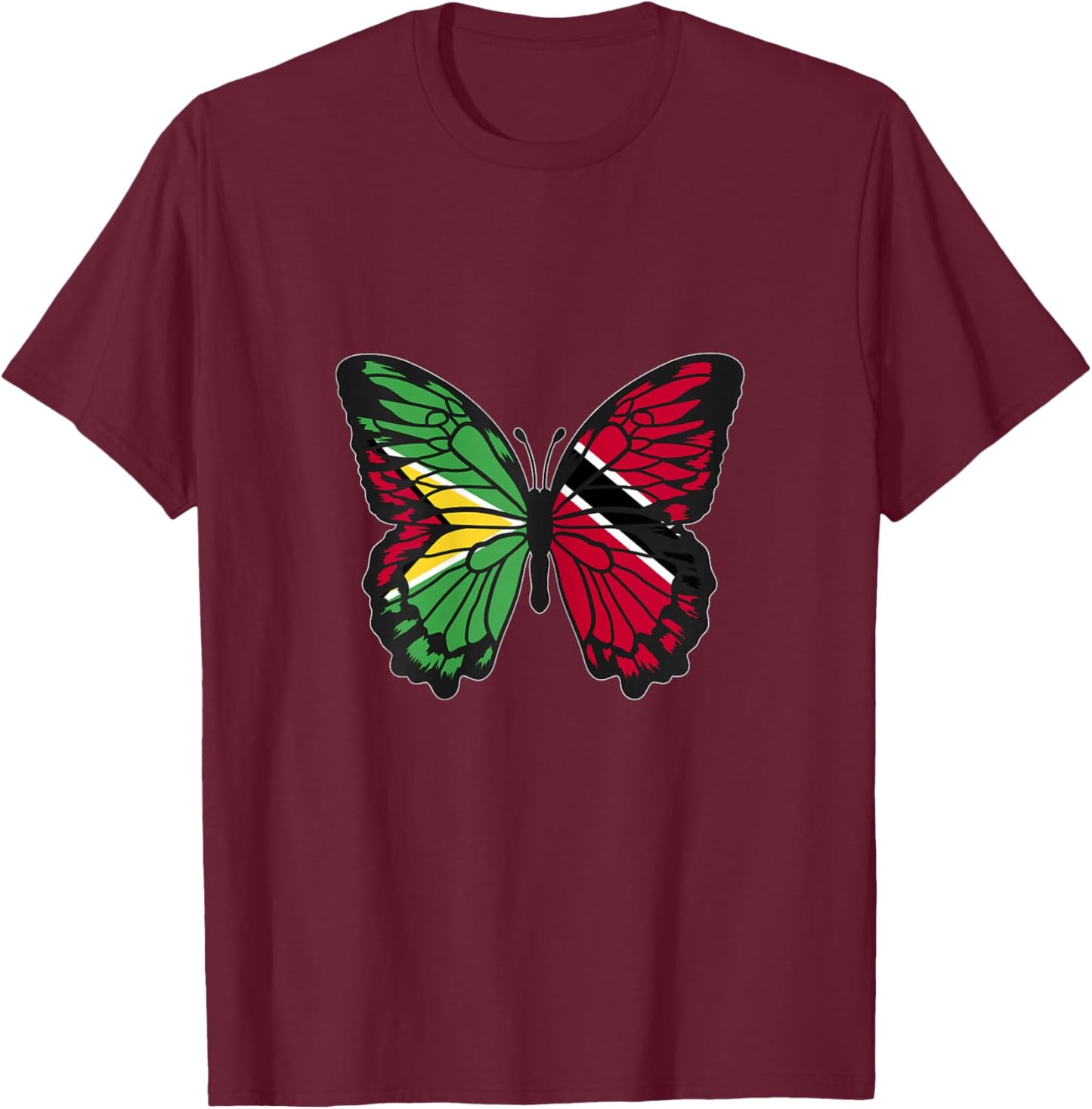 Guyana and Trinidad Mix Butterfly Half Guyanese Trinidadian T-Shirt - T-Shirt | Maroon